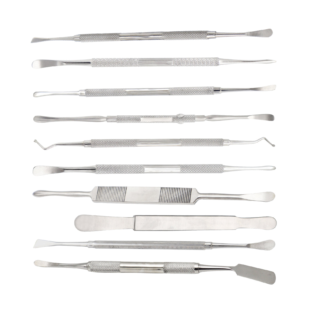 A top-down view of a 10-piece professional dental wax carving and lab modeling instrument kit made of double-ended stainless steel with knurled, textured metal handles on a clean white background.