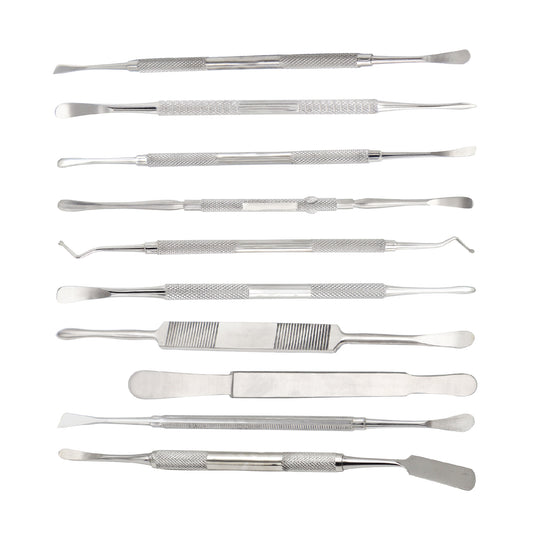 A top-down view of a 10-piece professional dental wax carving and lab modeling instrument kit made of double-ended stainless steel with knurled, textured metal handles on a clean white background.