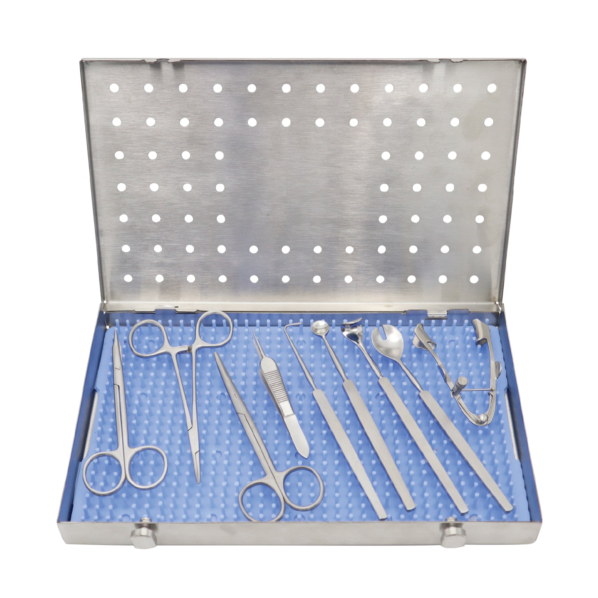 A 10-piece enucleation kit with various surgical instruments, including scissors, forceps, and a speculum, neatly arranged inside an open stainless steel tray with a blue silicone pad.