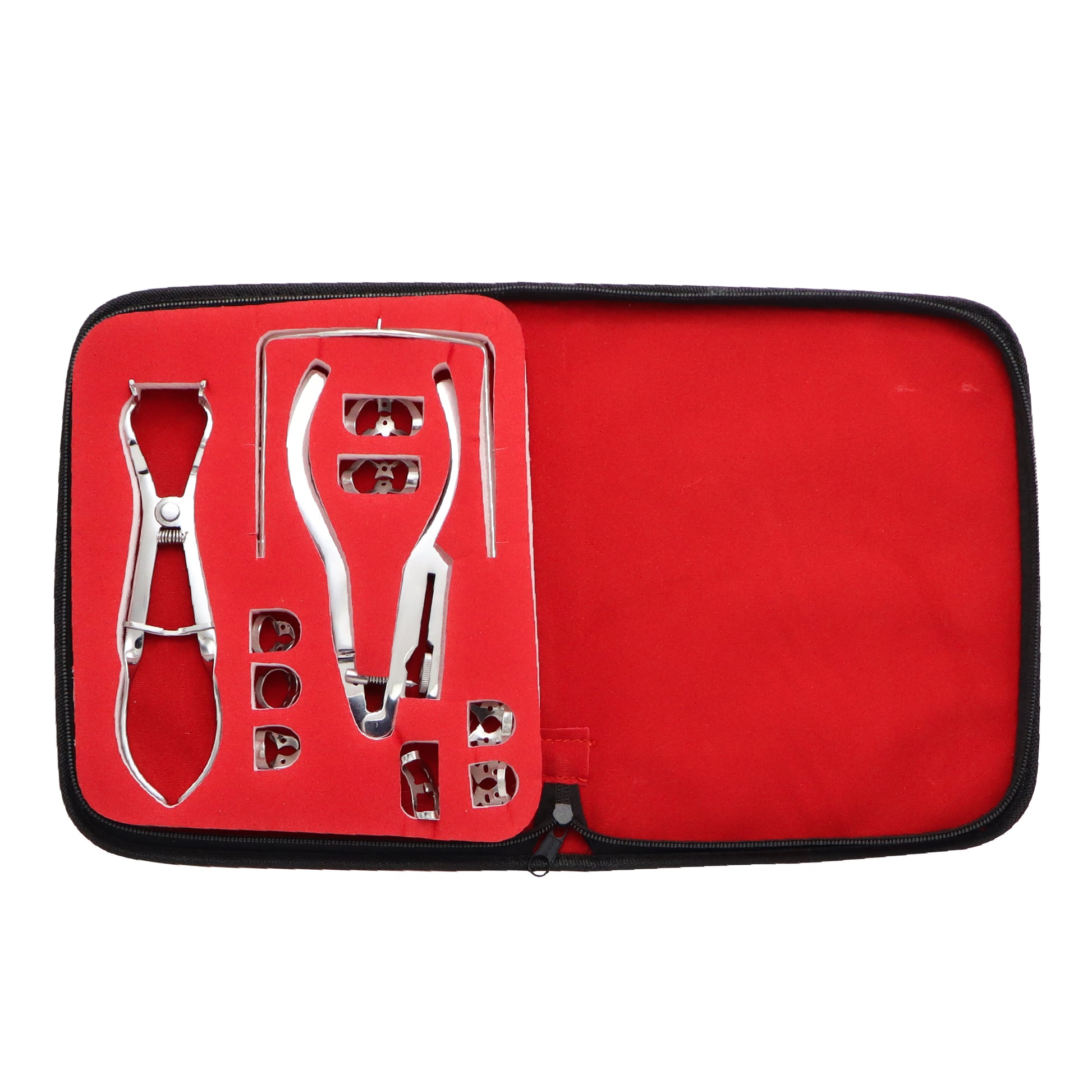 An open zippered black storage case with a bright red interior holding a stainless steel dental rubber dam kit, including punch pliers, forceps, a metal frame, and assorted tooth clamps.