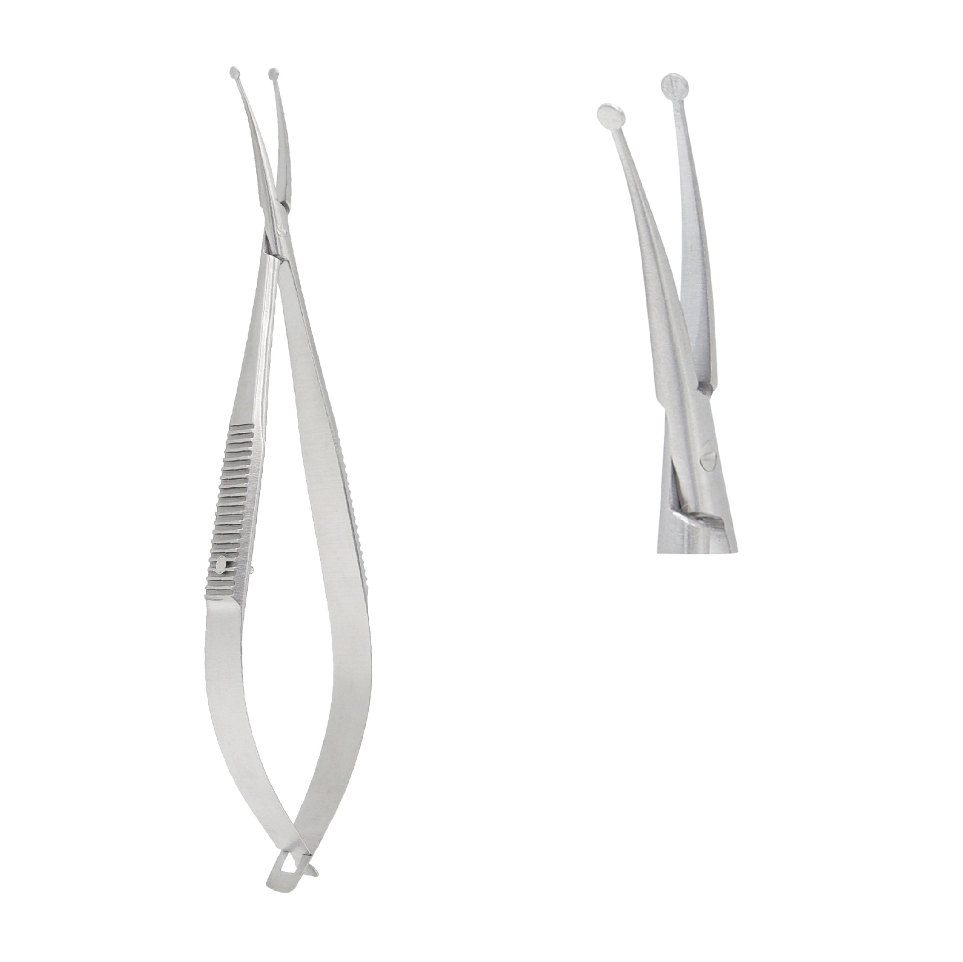 Close-up of Shepard lens implantation forceps showing fine tips for accurate intraocular lens placement in eye surgery