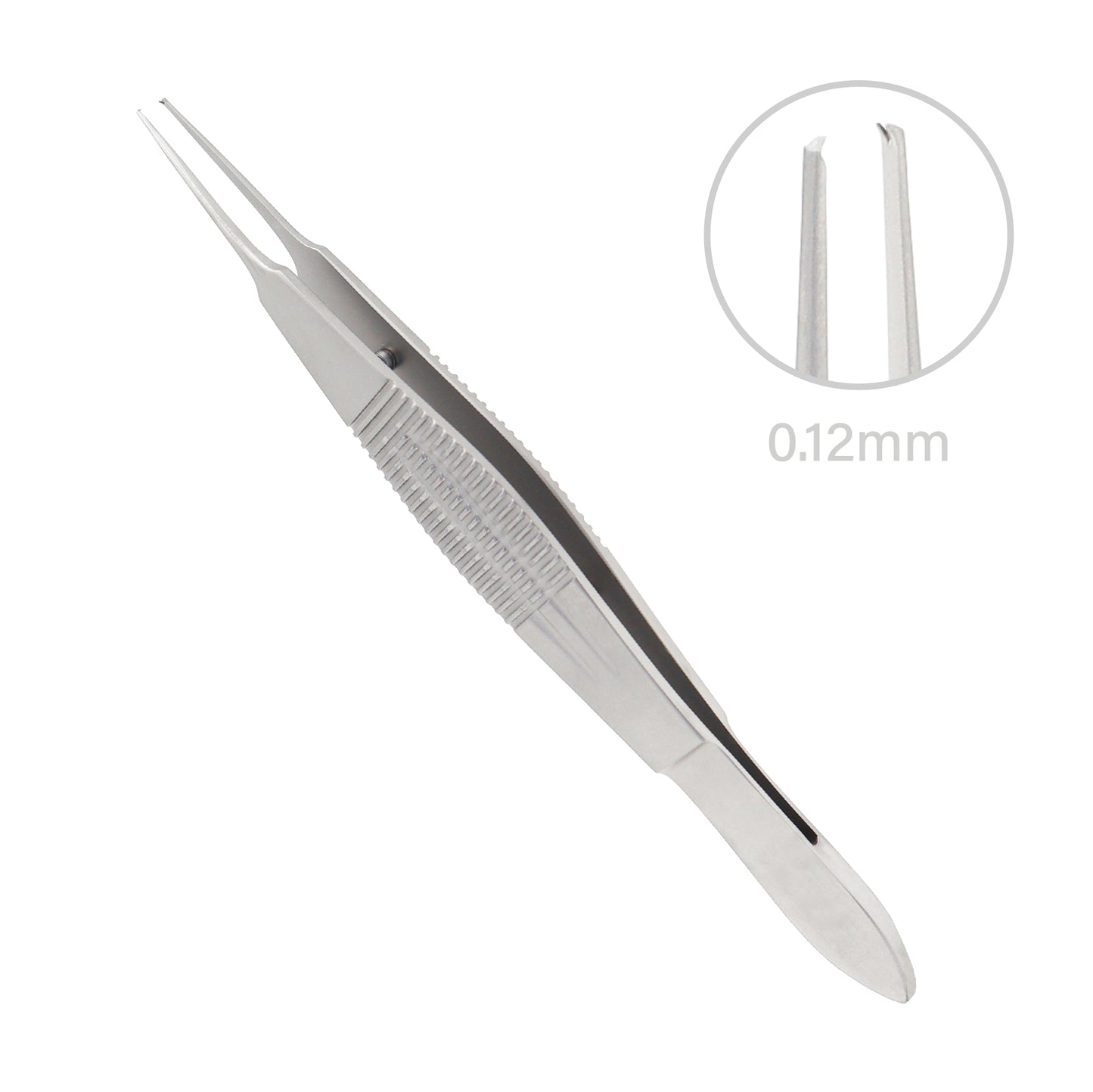 Suture forceps 1x2 teeth with 0.12 mm precision tips and wide ergonomic handle, used in microsurgical and ophthalmic procedures