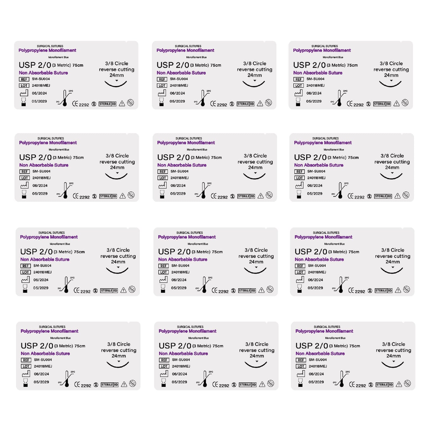 12 packages of surgical sutures with labels on a white background