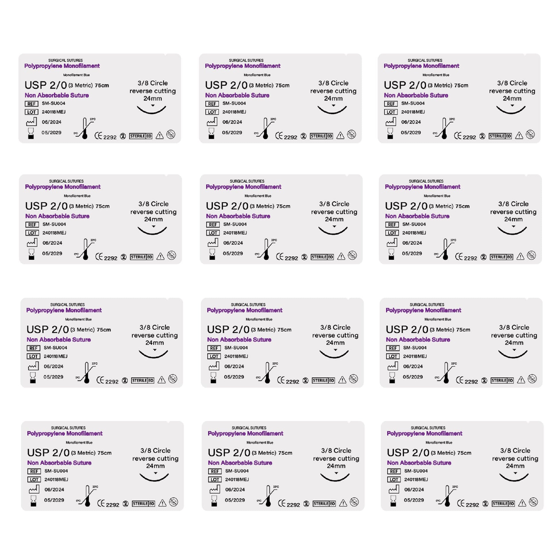 12 packages of surgical sutures with labels on a white background