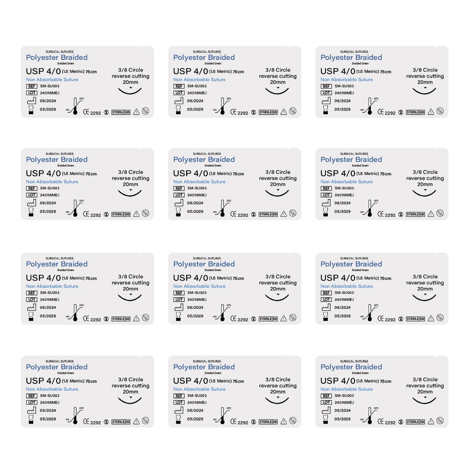 12 packages of surgical sutures with labels on a white background