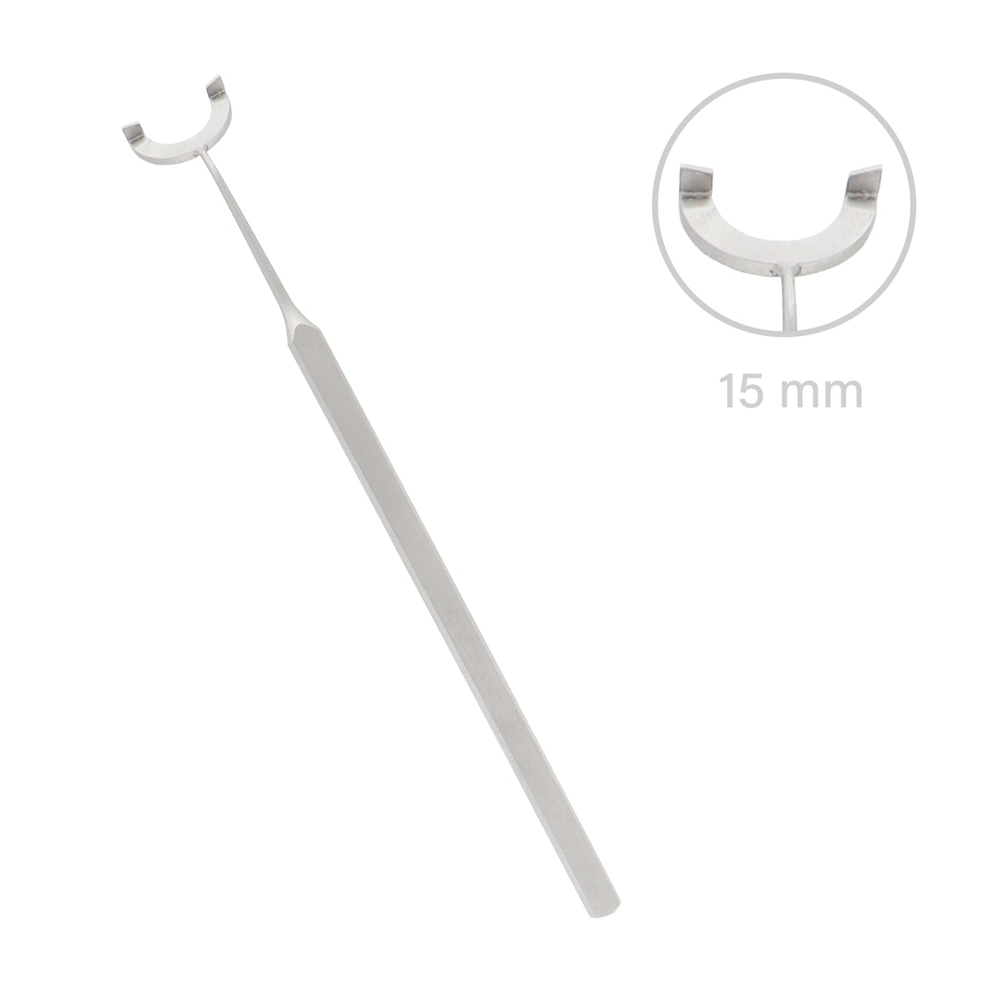 15mm ophthalmic optical zone marker made of surgical steel, showing the full instrument handle and a close-up circle detail of the crescent-shaped tip measuring 15 mm.