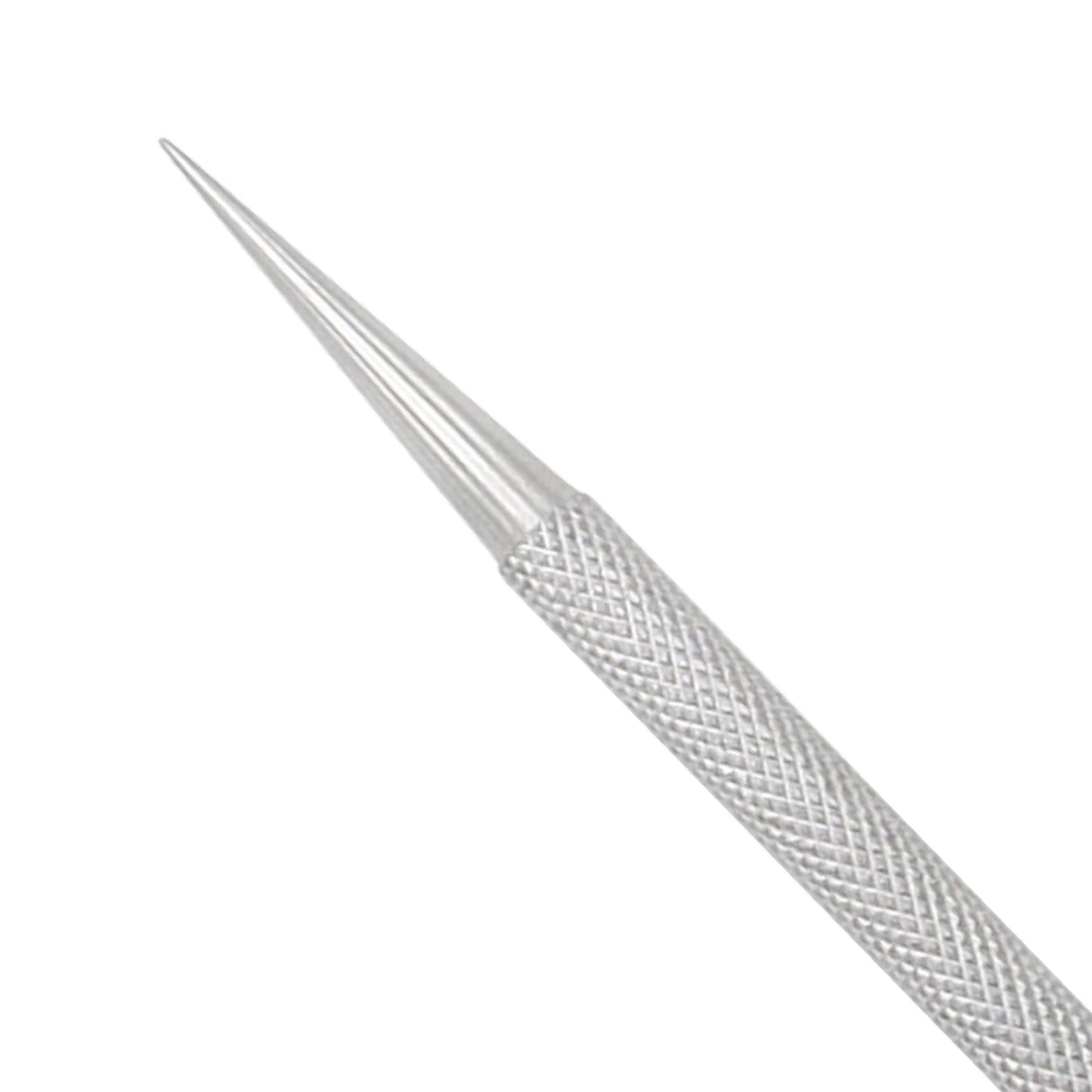 Professional stainless steel piercing taper tool with a smooth gradual needle taper and a knurled cross-hatch textured metal handle for non-slip grip isolated on a clean white background.
