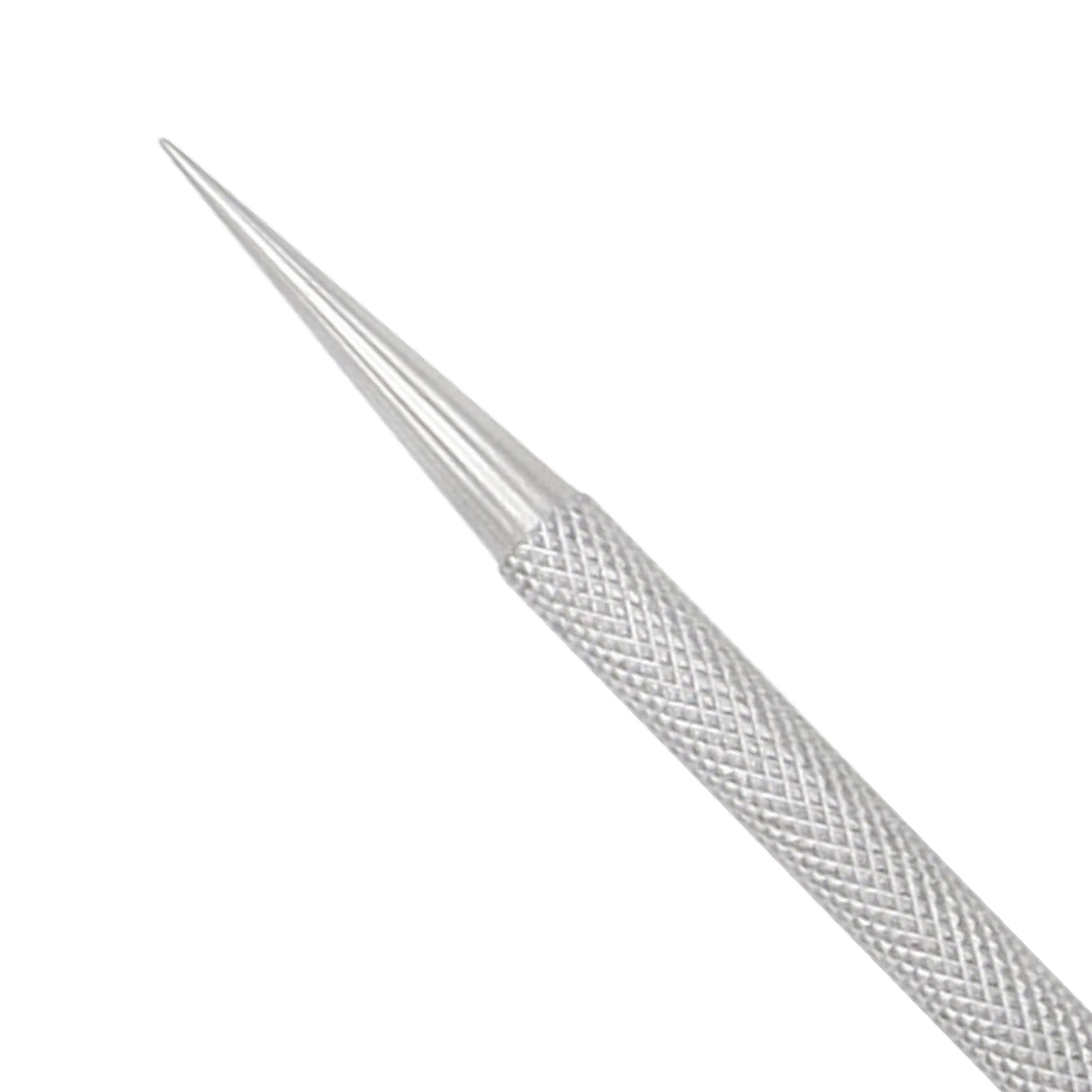 Professional stainless steel piercing taper tool with a smooth gradual needle taper and a knurled cross-hatch textured metal handle for non-slip grip isolated on a clean white background.