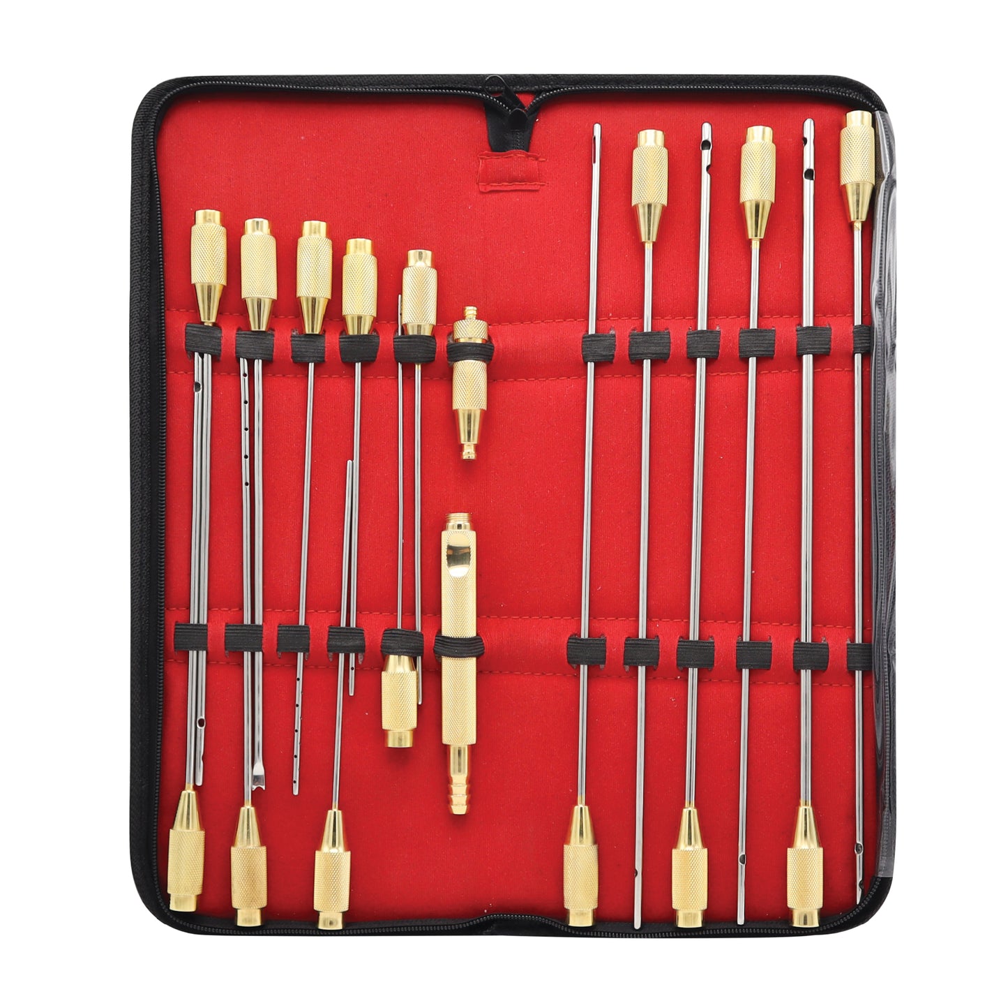 17-piece surgical liposuction cannula set featuring various stainless steel tubes with gold-colored handles, organized in a red-lined black carrying case.