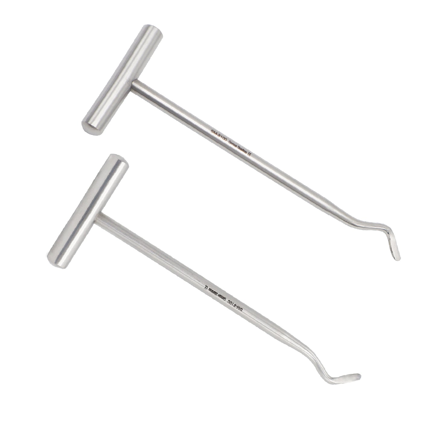 Set of two medical-grade stainless steel dental Potts elevators featuring ergonomic T-bar handles and curved, angled extraction tips, isolated on a white background.