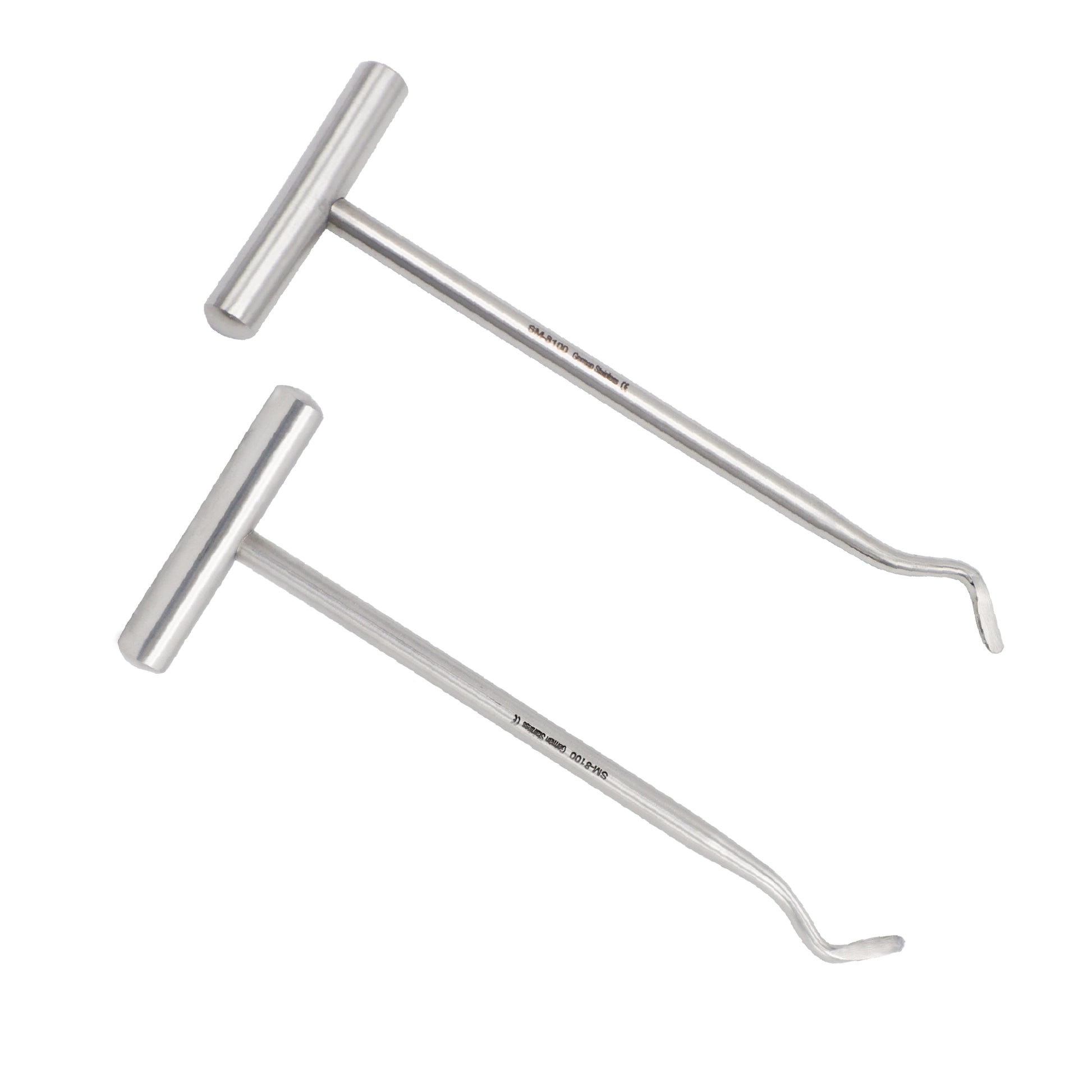 Set of two medical-grade stainless steel dental Potts elevators featuring ergonomic T-bar handles and curved, angled extraction tips, isolated on a white background.