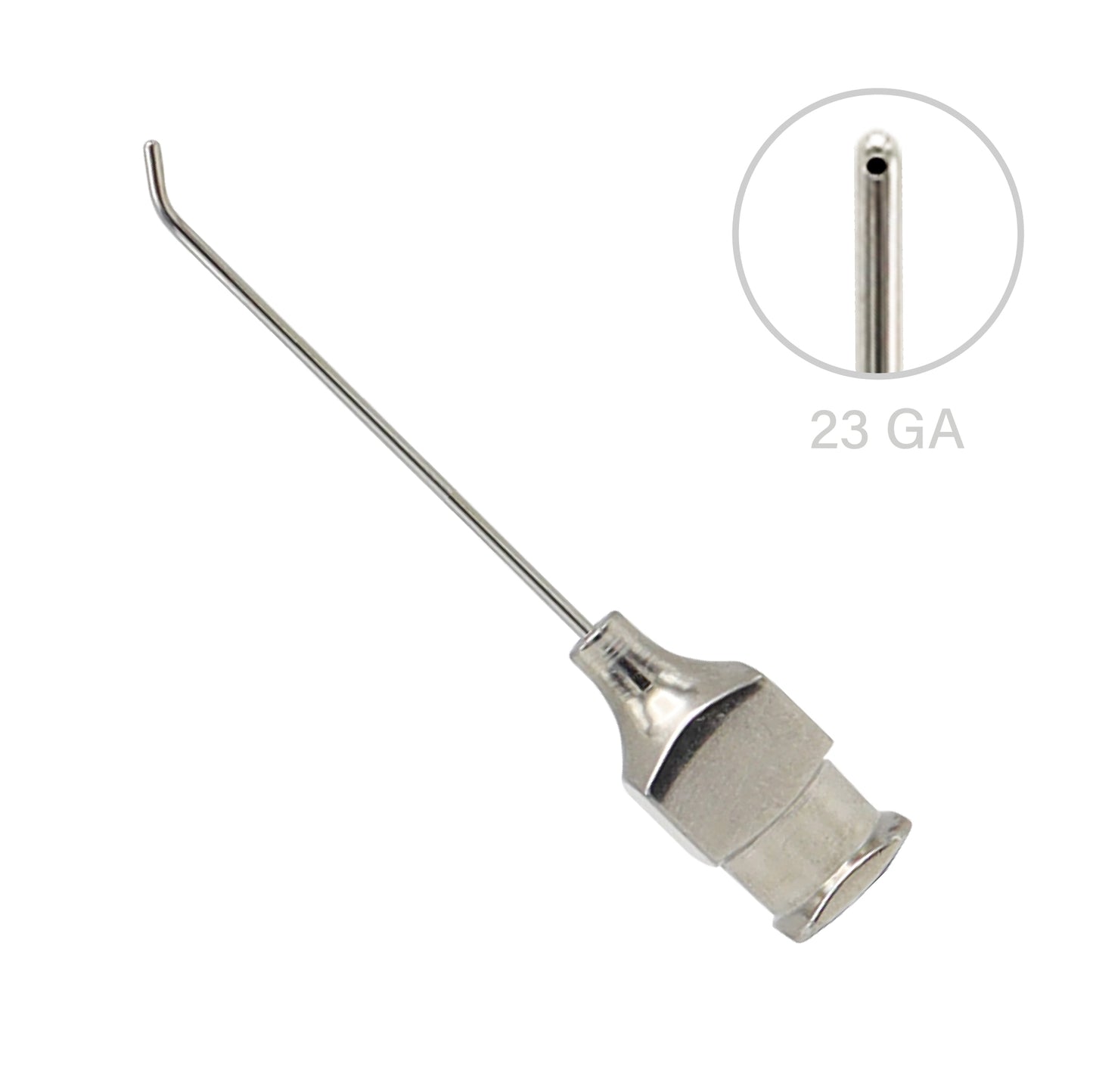 23 Gauge (23GA) stainless steel Anis cortex aspirating cannula with a bent shaft, blunt olive tip, and metal Luer lock hub, shown against a white background with a zoomed-in tip detail.