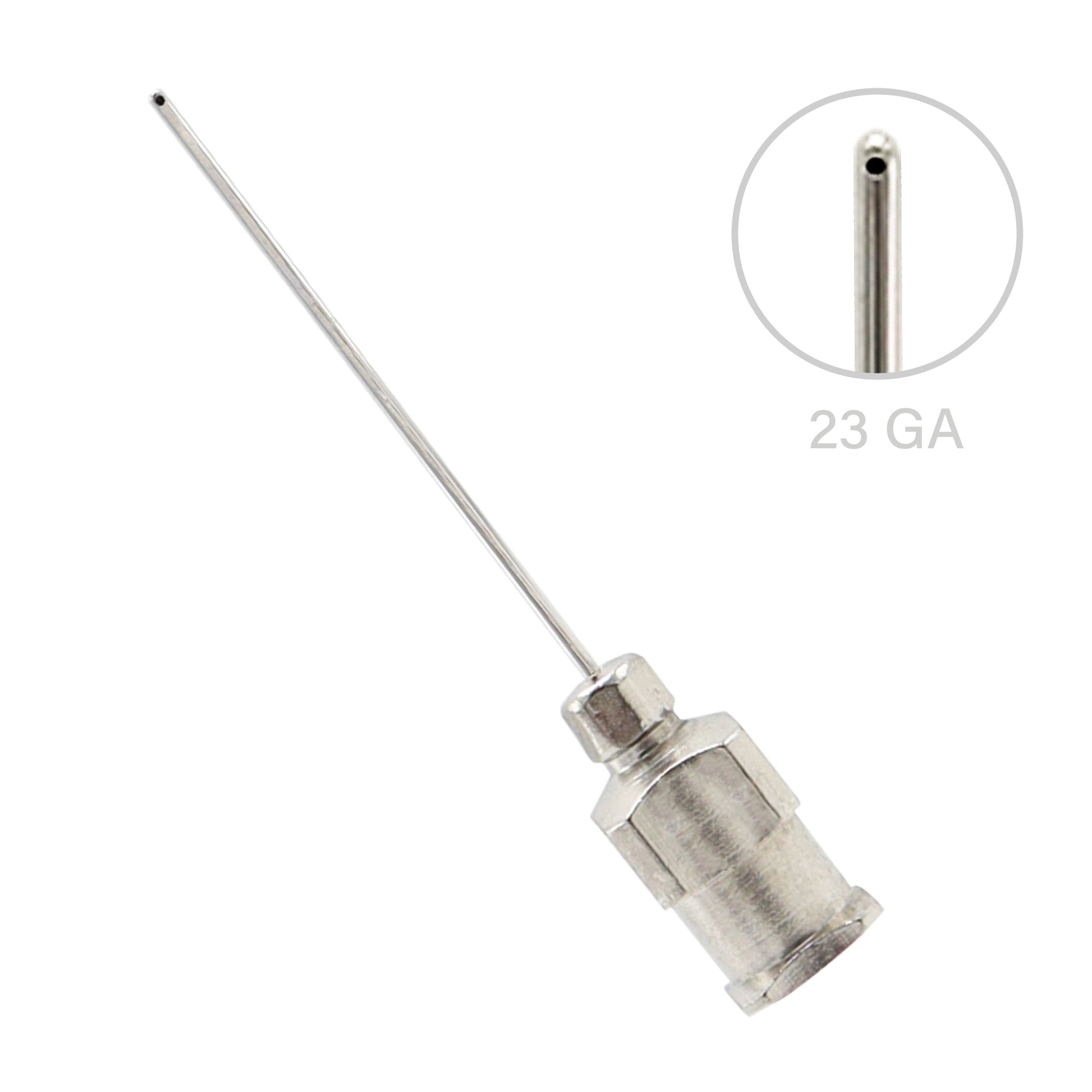 A 23 gauge blunt-tip stainless steel dispensing needle with a reusable metal Luer Lock hub, featuring a detailed circular close-up inset of the open-ended blunt tip.