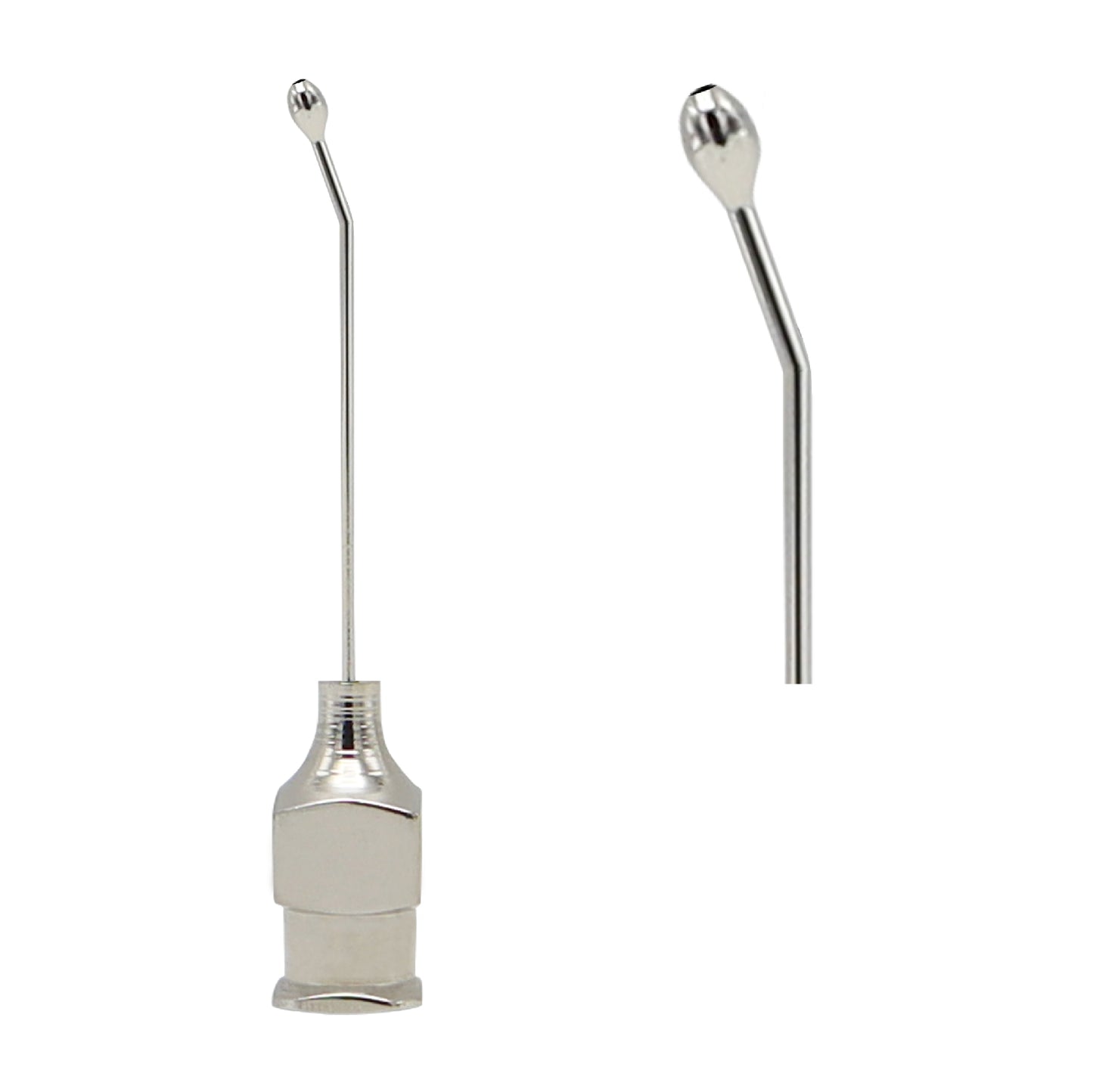 Close-up of Welsh 25G cortex aspirating cannula left curved design with flat olive tip for controlled aspiration