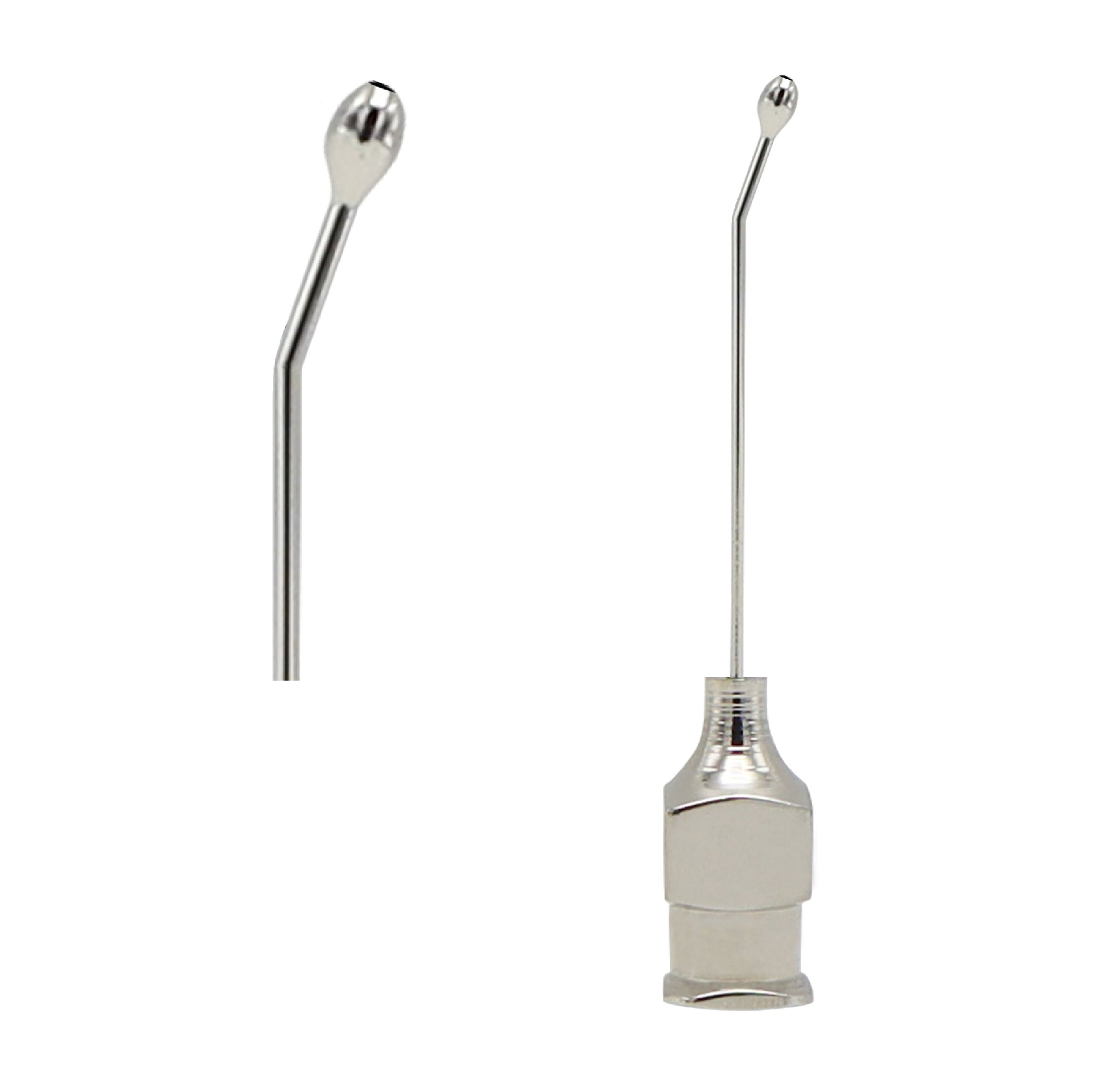 Close-up of Welsh 25G cortex aspirating cannula right curved design with flat olive tip for controlled aspiration