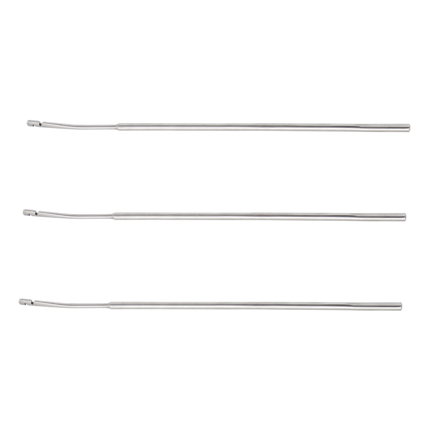Three identical silver stainless steel IUD extractor hooks arranged horizontally on a clean white background, showcasing their slender, curved tips and textured round handles used for gynecological medical procedures.
