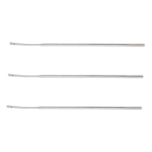 Three identical silver stainless steel IUD extractor hooks arranged horizontally on a clean white background, showcasing their slender, curved tips and textured round handles used for gynecological medical procedures.
