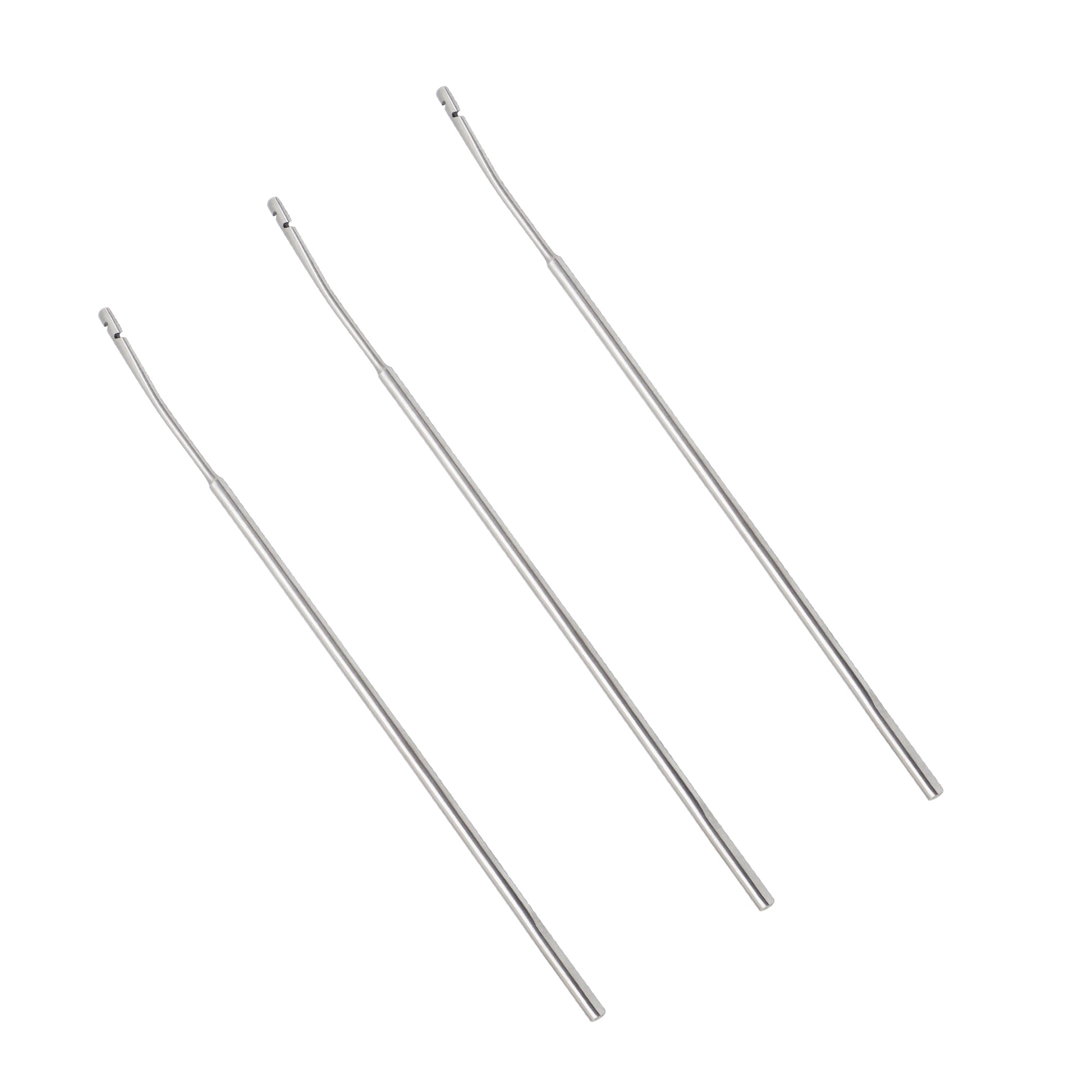 A set of three clinical-grade stainless steel IUD extractor hooks arranged diagonally against a plain white background. Each ultra-thin, sterile metal shaft features a unique micro-hook tip designed for professional gynecological procedures.