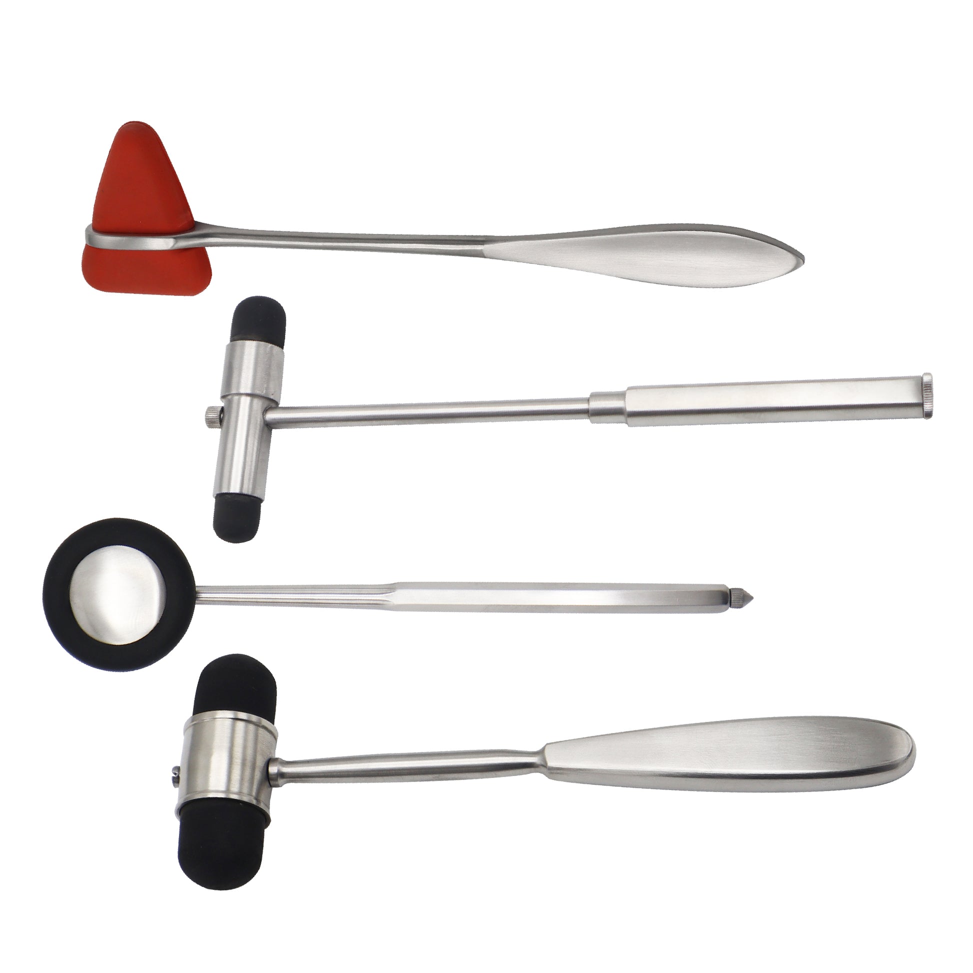 Set of medical tools including a red and black probe, a silver and black head with a black rubber cover, and two silver handles on a white background.