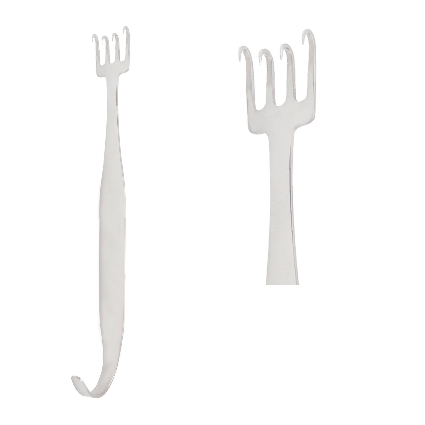 A 4-prong stainless steel Freeman rake retractor with sharp prongs and a curved hook handle, used for surgical tissue retraction.