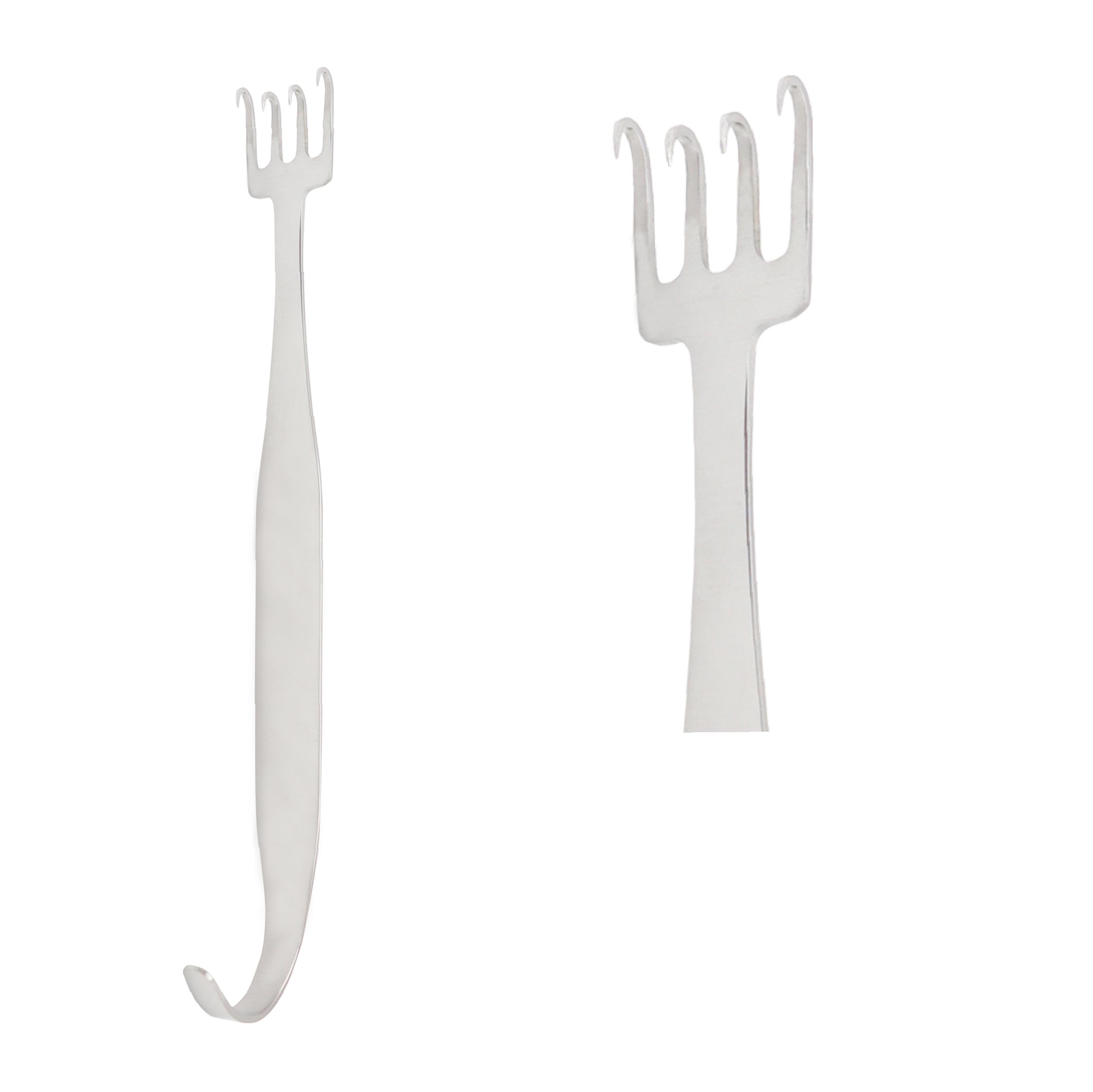 A 4-prong stainless steel Freeman rake retractor with sharp prongs and a curved hook handle, used for surgical tissue retraction.