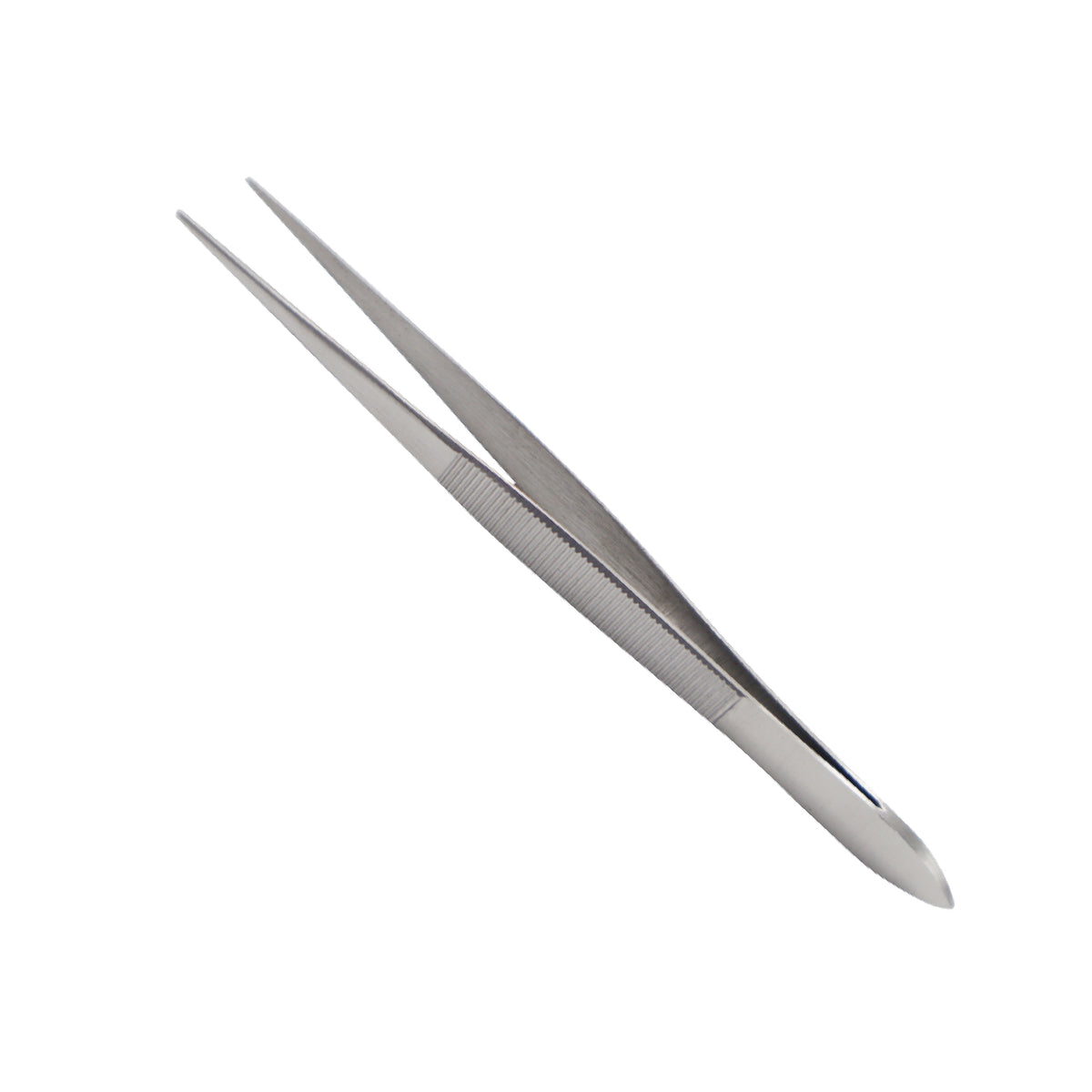 Silver stainless steel precision tweezers with a fine straight tip and textured grip handle, isolated on a clean white background.