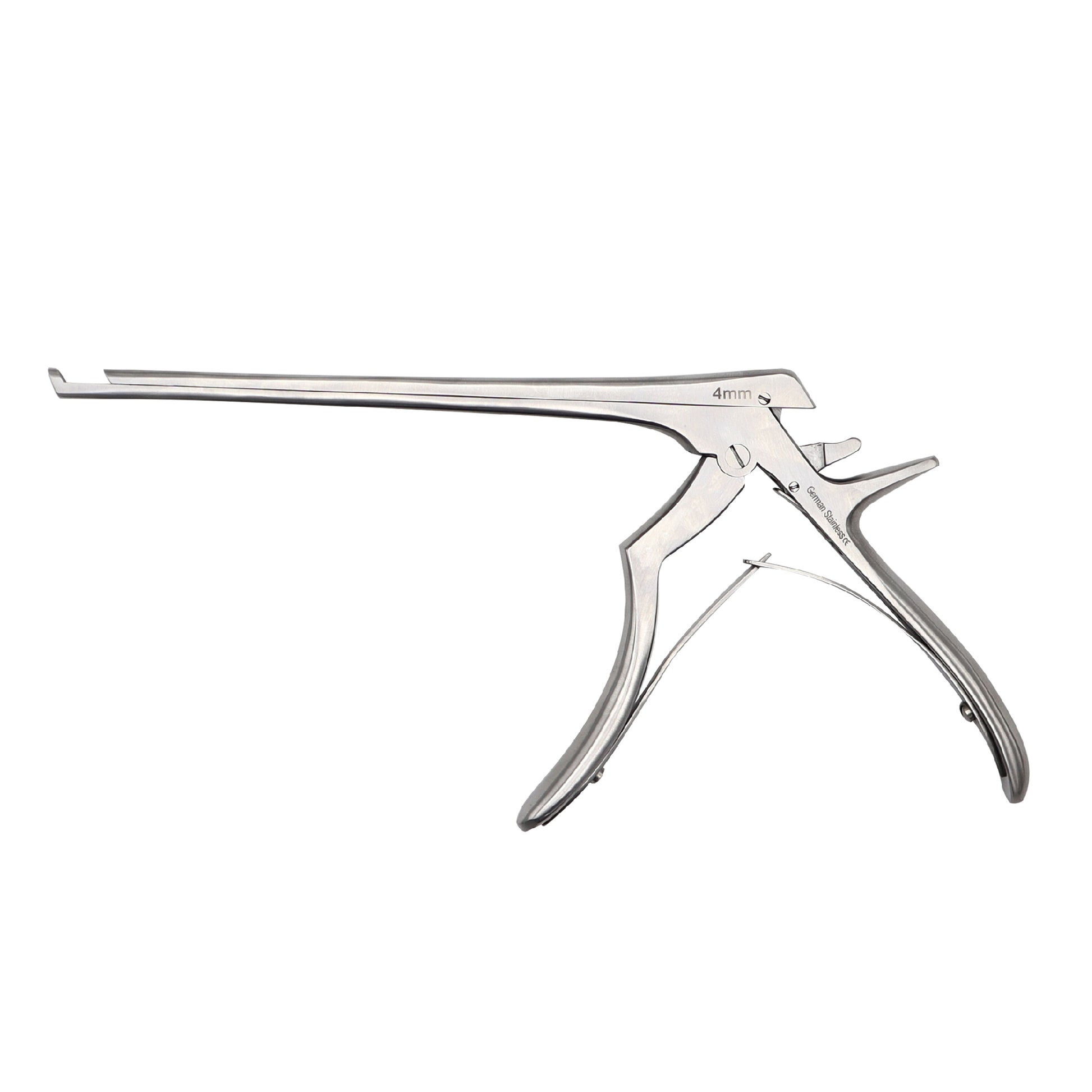 Metallic 4mm Kerrison rongeur bone punch surgical instrument with a pistol grip handle on a white background.