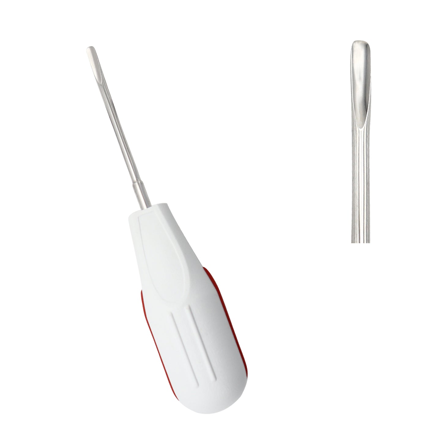 A professional dental luxating root elevator featuring a straight stainless steel tip and an ergonomic white silicone handle with a red grip accent, shown on a white background with a close-up inset of the tip.