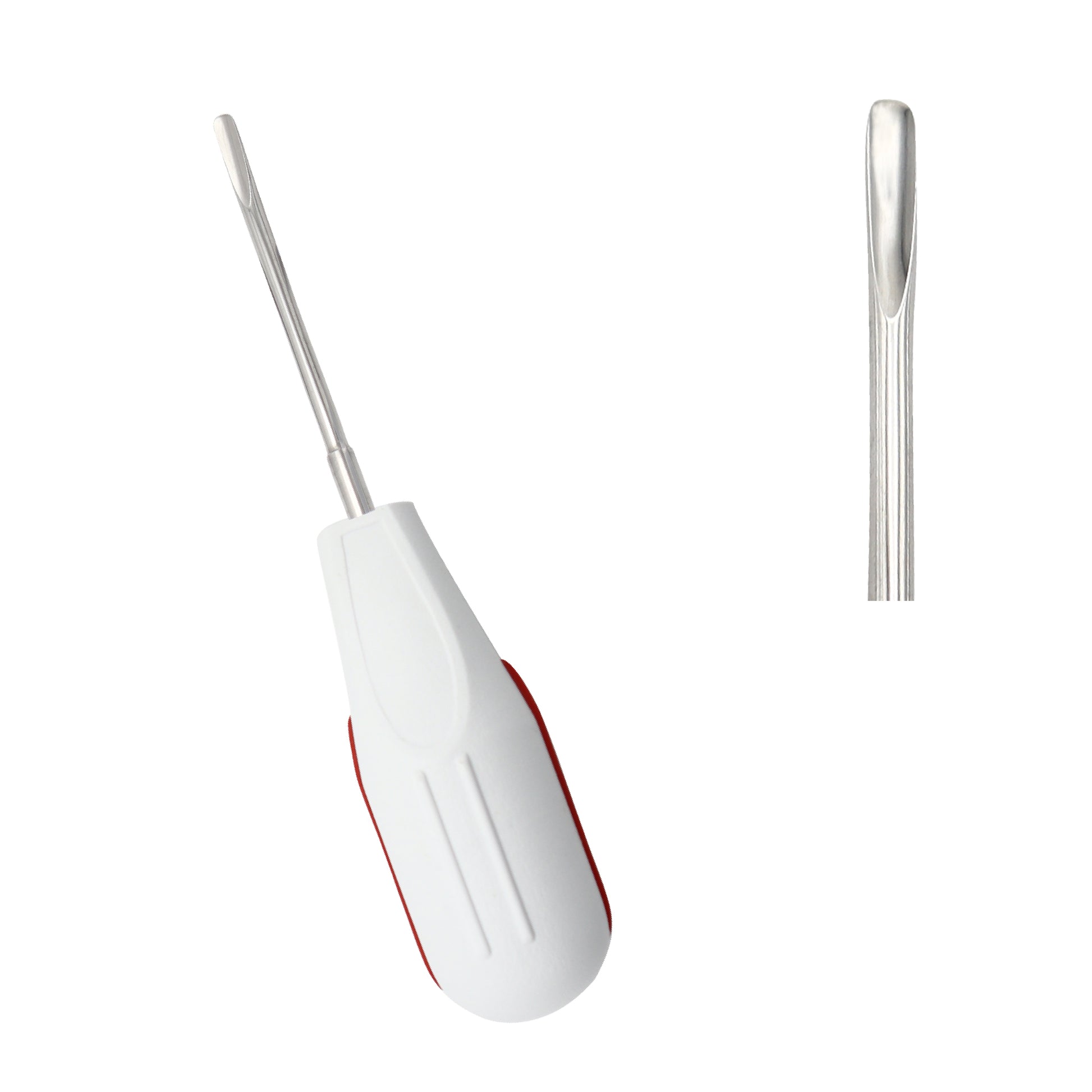 A professional dental luxating root elevator featuring a straight stainless steel tip and an ergonomic white silicone handle with a red grip accent, shown on a white background with a close-up inset of the tip.