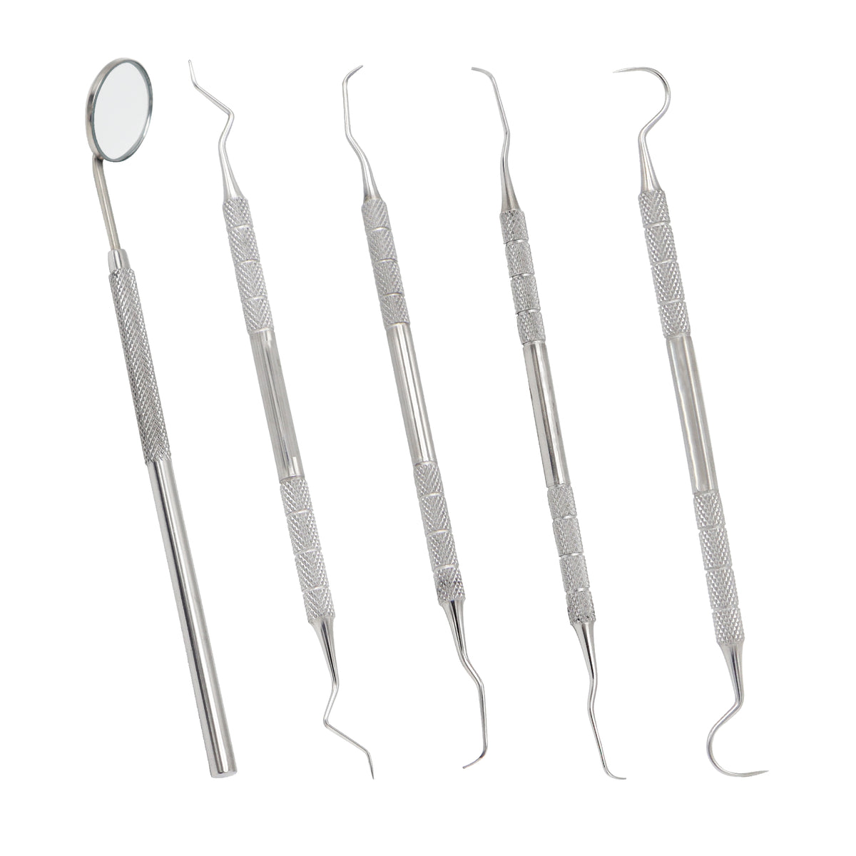 Five-piece professional stainless steel dental hygiene tool kit containing a mouth mirror, a dental explorer probe, and three distinct double-ended tartar scrapers and scalers against a clean white background.