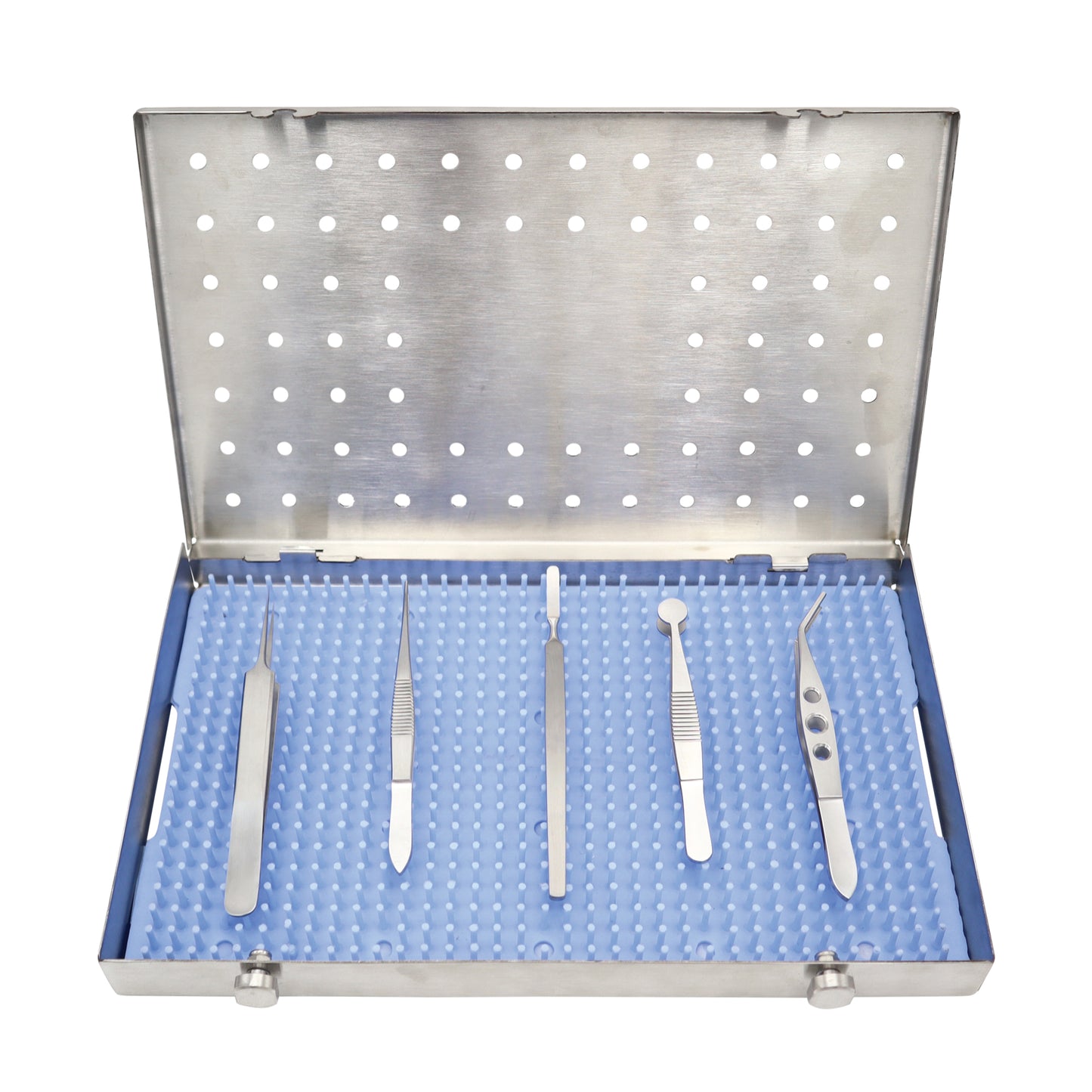A 5-piece Ocular Surface Starter Kit with various forceps and a lens forceps, placed on a blue surgical tray inside an open metal case.