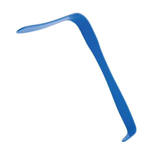 A slim, L-shaped blue metal mini pry bar with thin, tapered ends for prying, lifting, and scraping, shown on a clean white background.