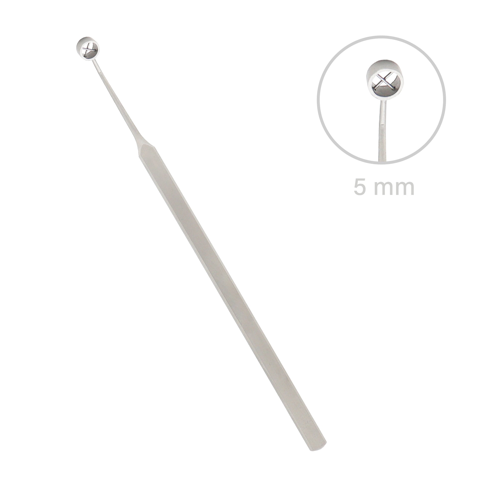Stainless steel surgical micro applicator tool featuring a 5 millimeter ball probe head with dimension scale callout.