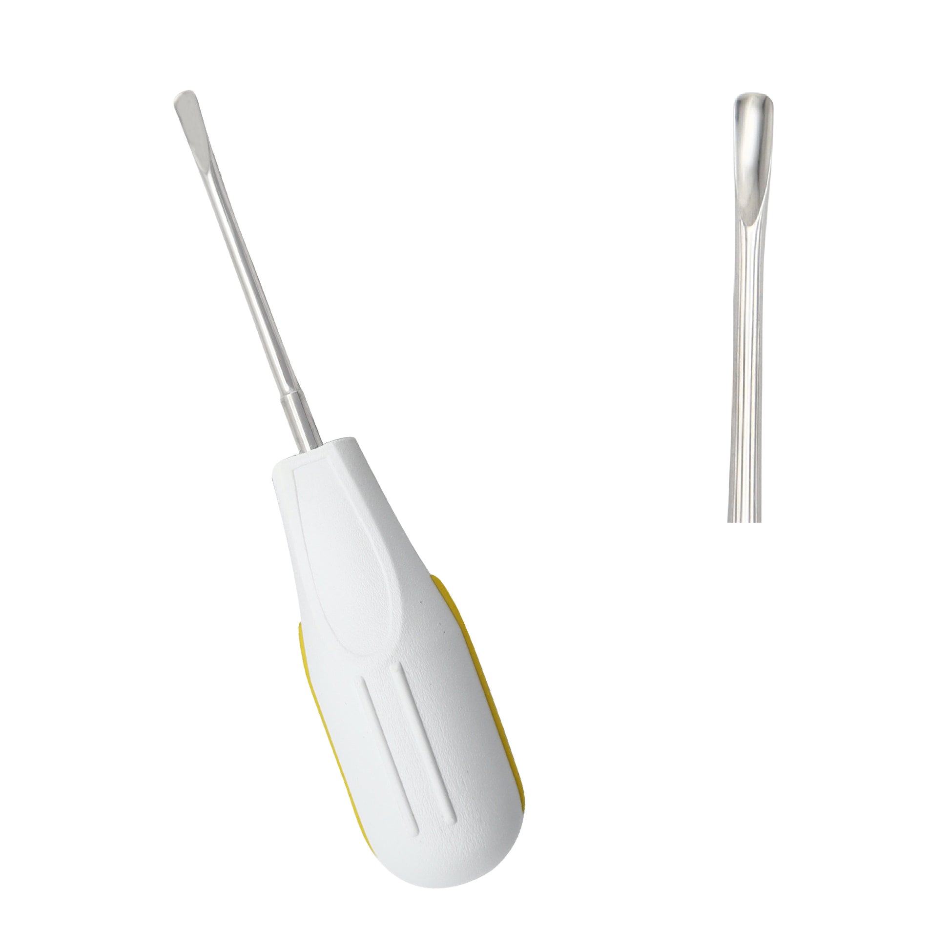 White-handled 5mm straight dental luxating root elevator tool showing detail of the sharp thin blade tip next to the full surgical extraction instrument.