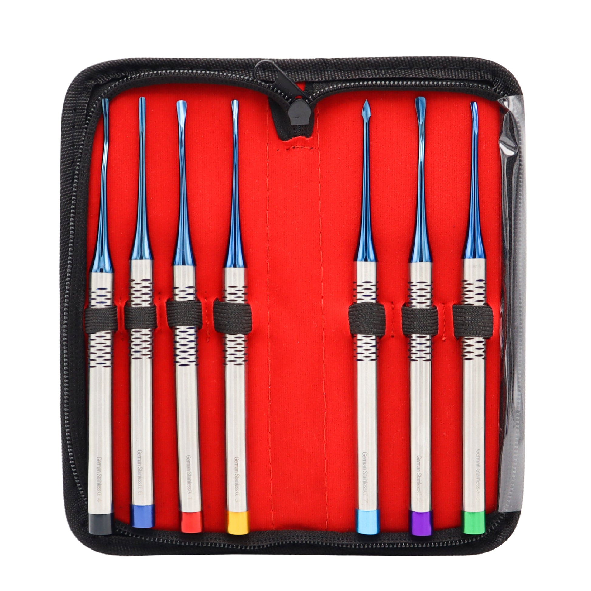 A 7-piece dental PDL luxating elevator instrument set with distinct color-coded handles arranged inside a red and black zippered fabric storage case.