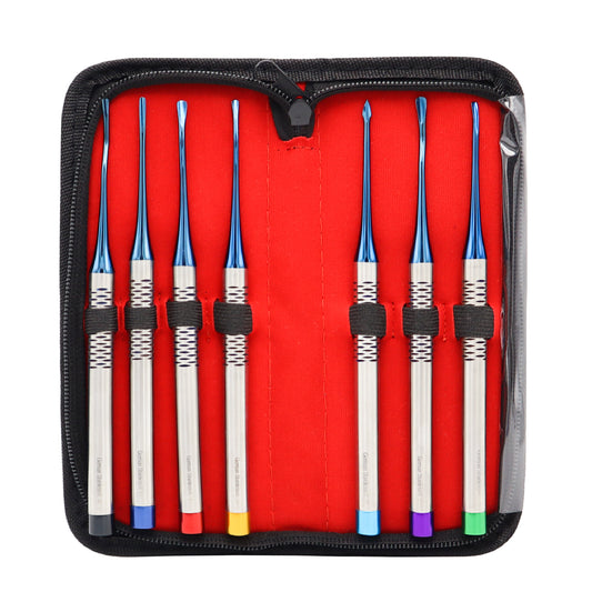 A 7-piece dental PDL luxating elevator instrument set with distinct color-coded handles arranged inside a red and black zippered fabric storage case.
