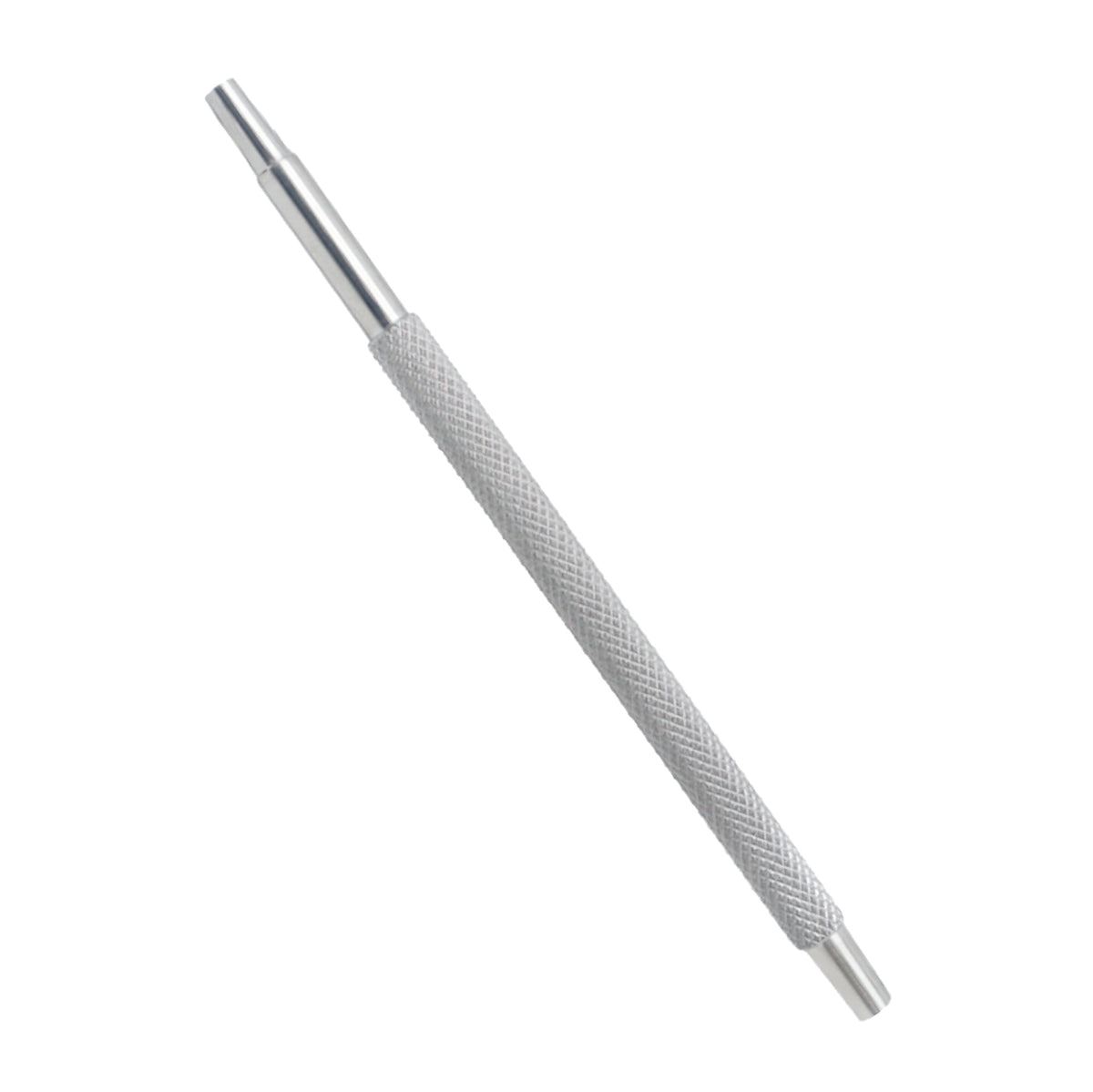 A 7.5cm infusion handle with male/tube connectors for ophthalmic equipment, made of a silver-colored material with a textured grip.