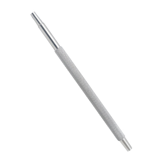 A 7.5cm infusion handle with male/tube connectors for ophthalmic equipment, made of a silver-colored material with a textured grip.