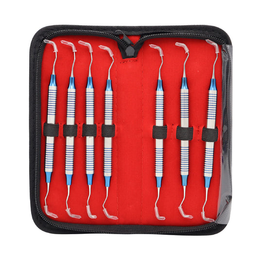 7 Pcs dental Gracey curette kit with blue titanium double-ended tips and ergonomic hollow handles in a zippered storage pouch.