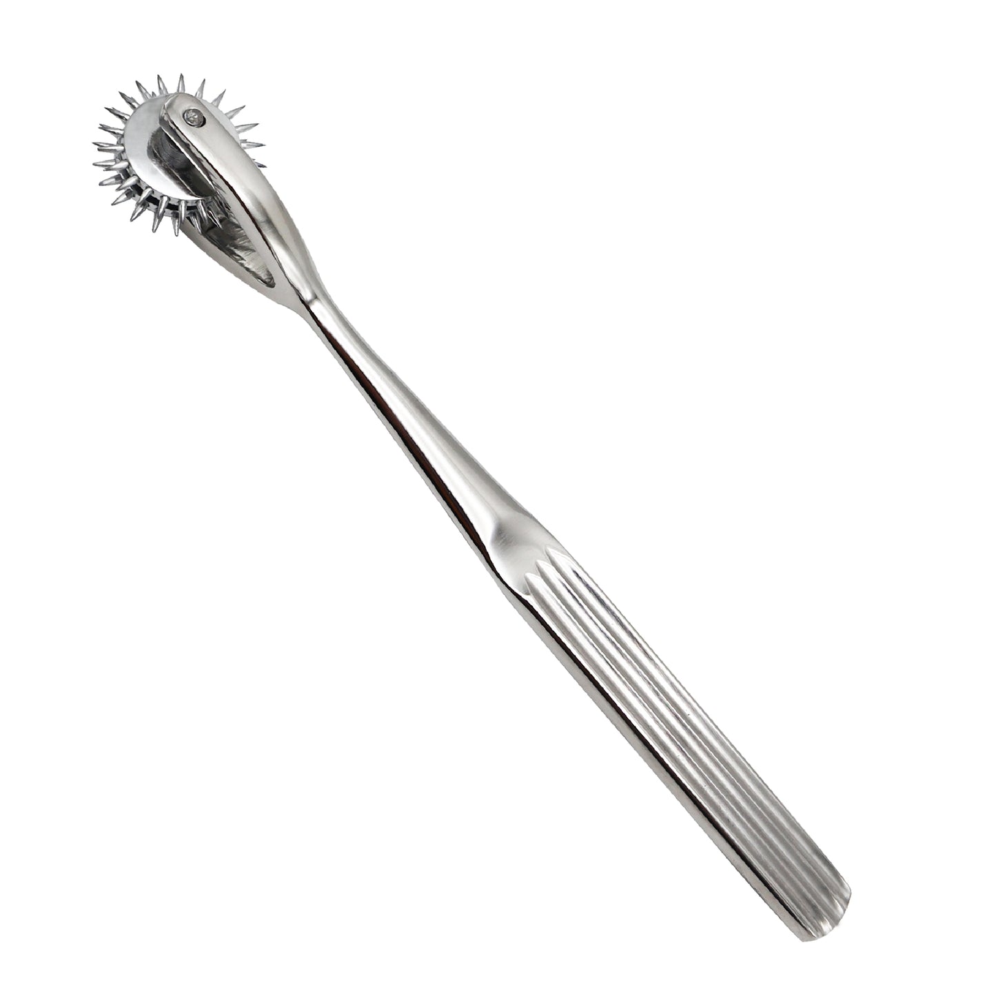 Medical-grade stainless steel Wartenberg pinwheel with a textured handle on a plain white background.