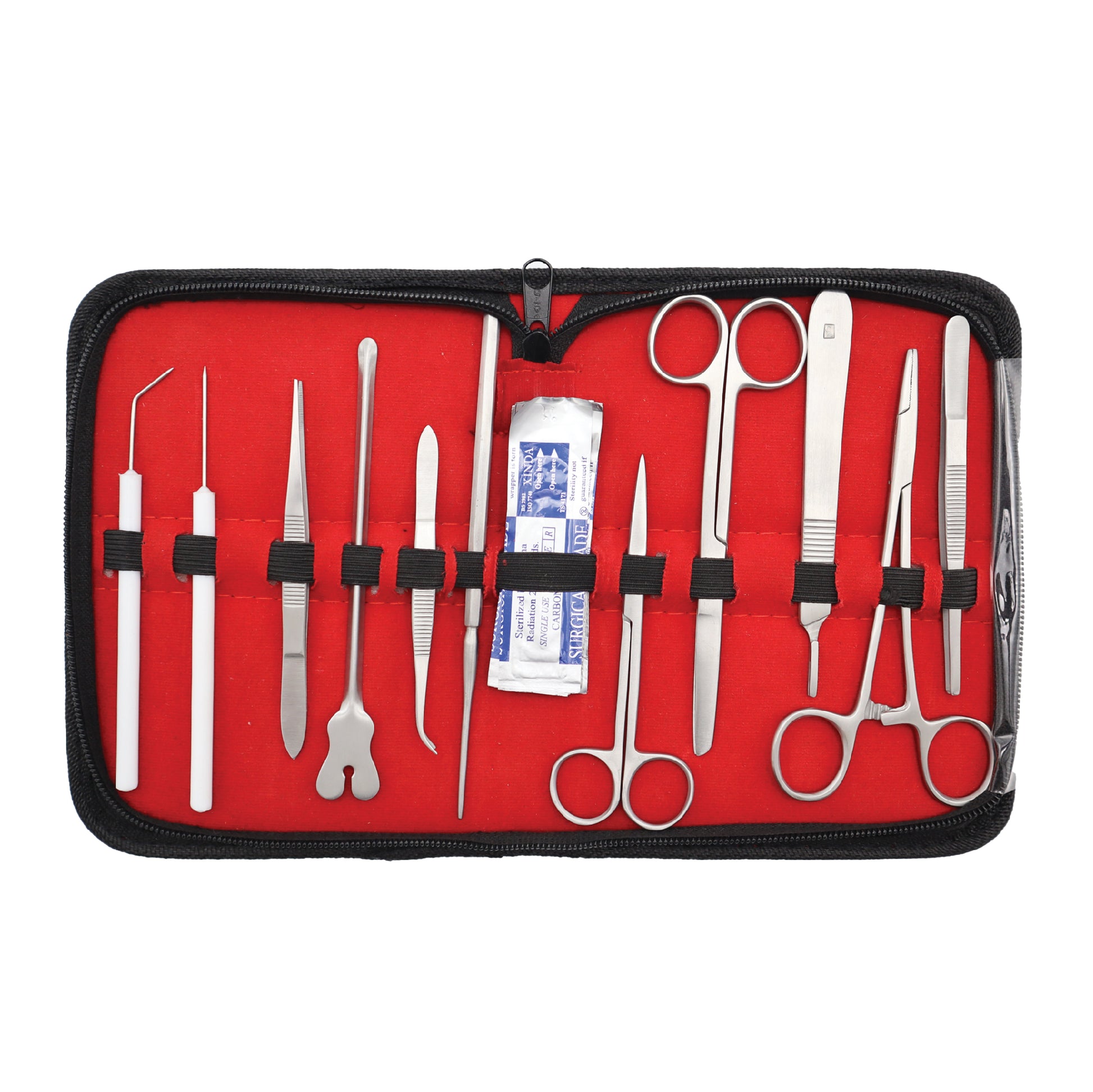 A 20-piece dissecting student lab kit with various instruments such as scissors, tweezers, and scalpel blades neatly arranged in a red case.