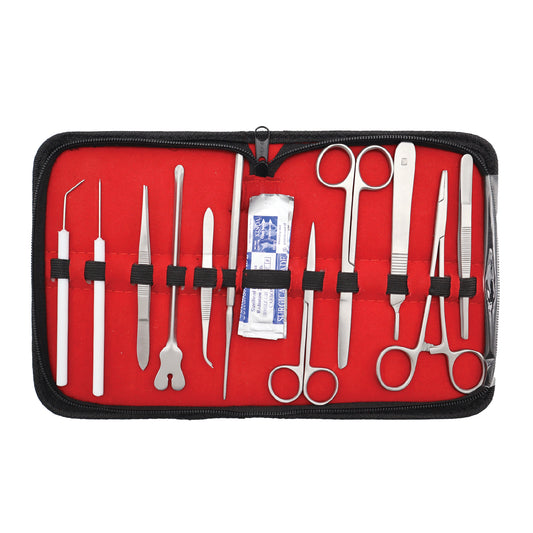 A 20-piece dissecting student lab kit with various instruments such as scissors, tweezers, and scalpel blades neatly arranged in a red case.