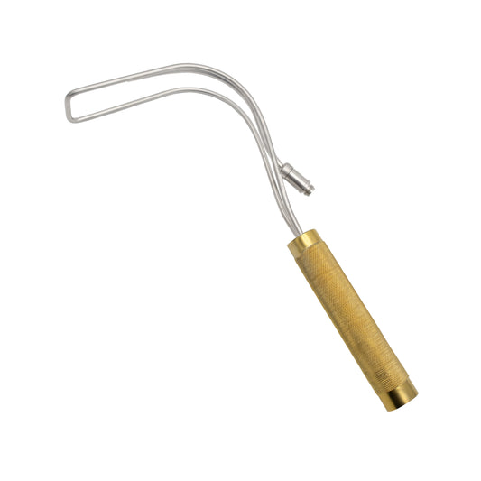 A BIGGS face lift retractor with a metallic finish, featuring a curved blade and a light guide attached at the end of a polished handle.