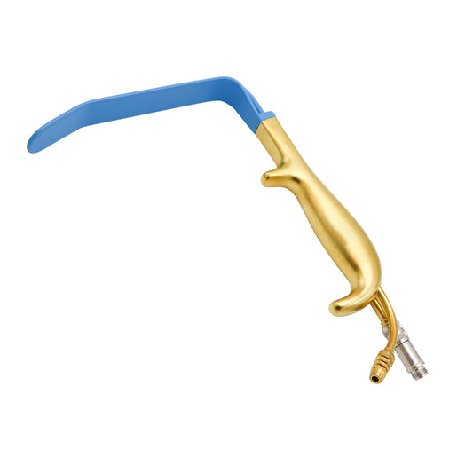 A FERRIERA style retractor with a smooth tip, featuring a blue handle and a gold-colored blade.