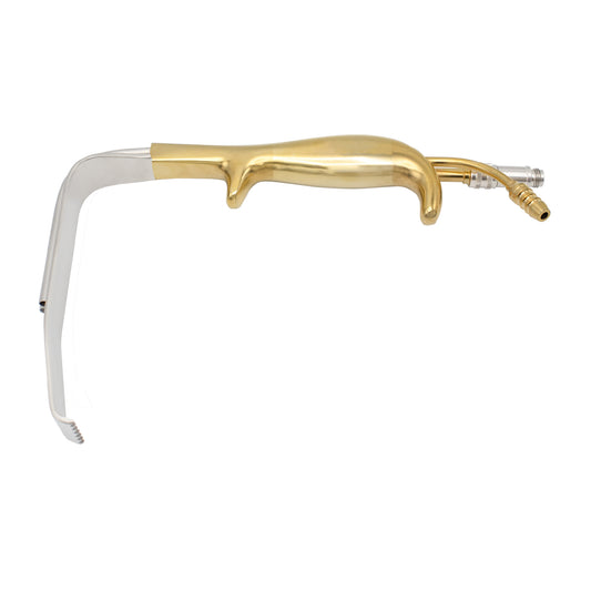 A TEBBETTS Style Breast Retractor with a serrated tip, light guide, and suction. The instrument has a silver-colored metal structure with a gold-colored tip and light guide.
