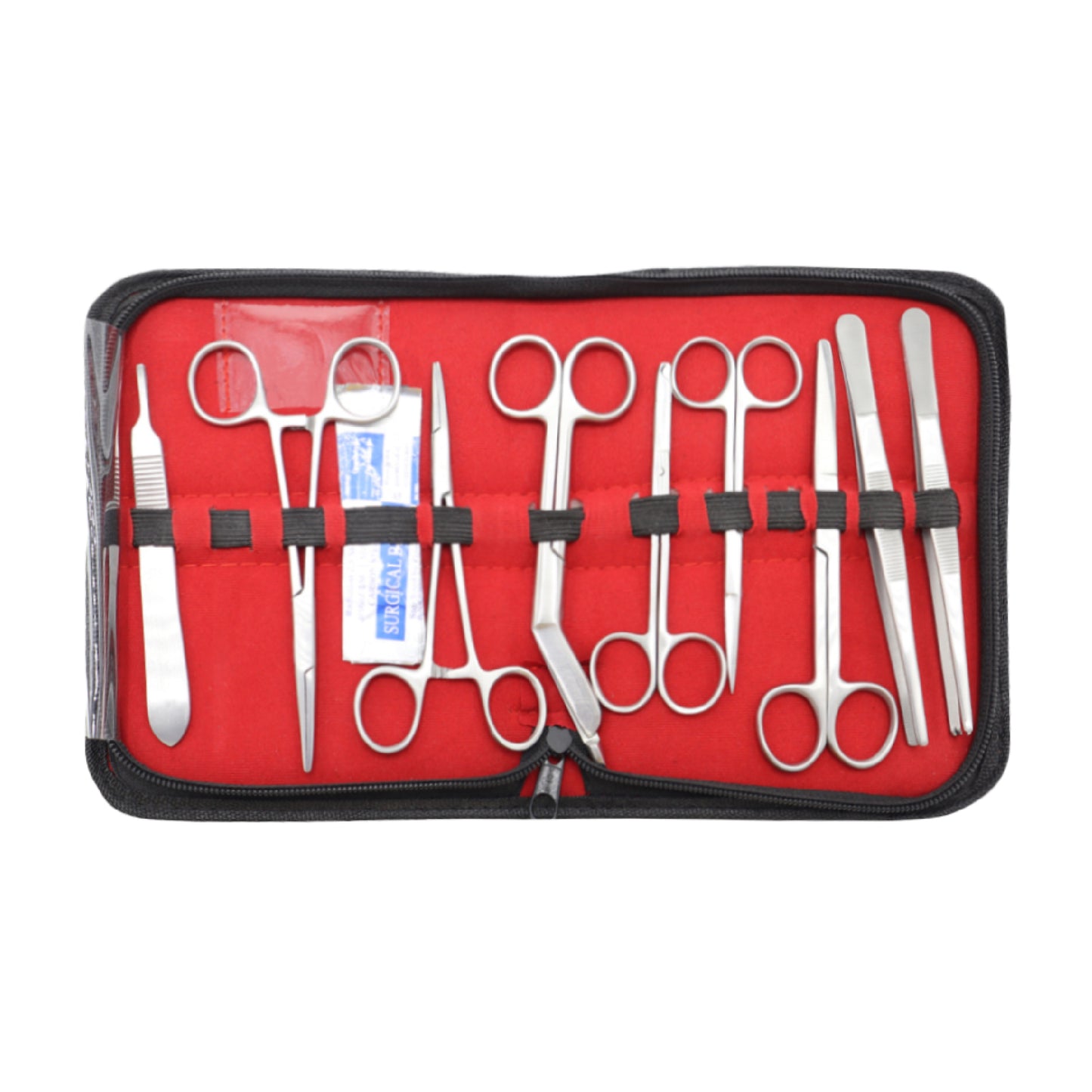 A collection of surgical instruments including scissors, tweezers, and forceps, displayed neatly inside a red medical case with a black interior.