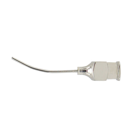 A curved, 23 gauge Simcoe cortex extractor made of stainless steel, intended for ophthalmic use.