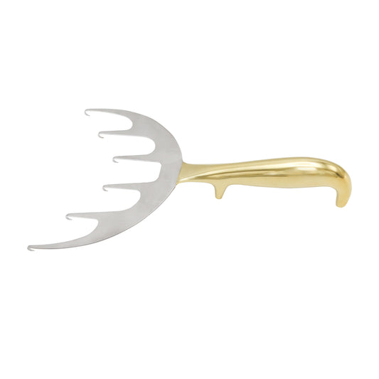 A gold-colored coronal lift retractor with six prongs and four offset prongs, made from stainless steel.
