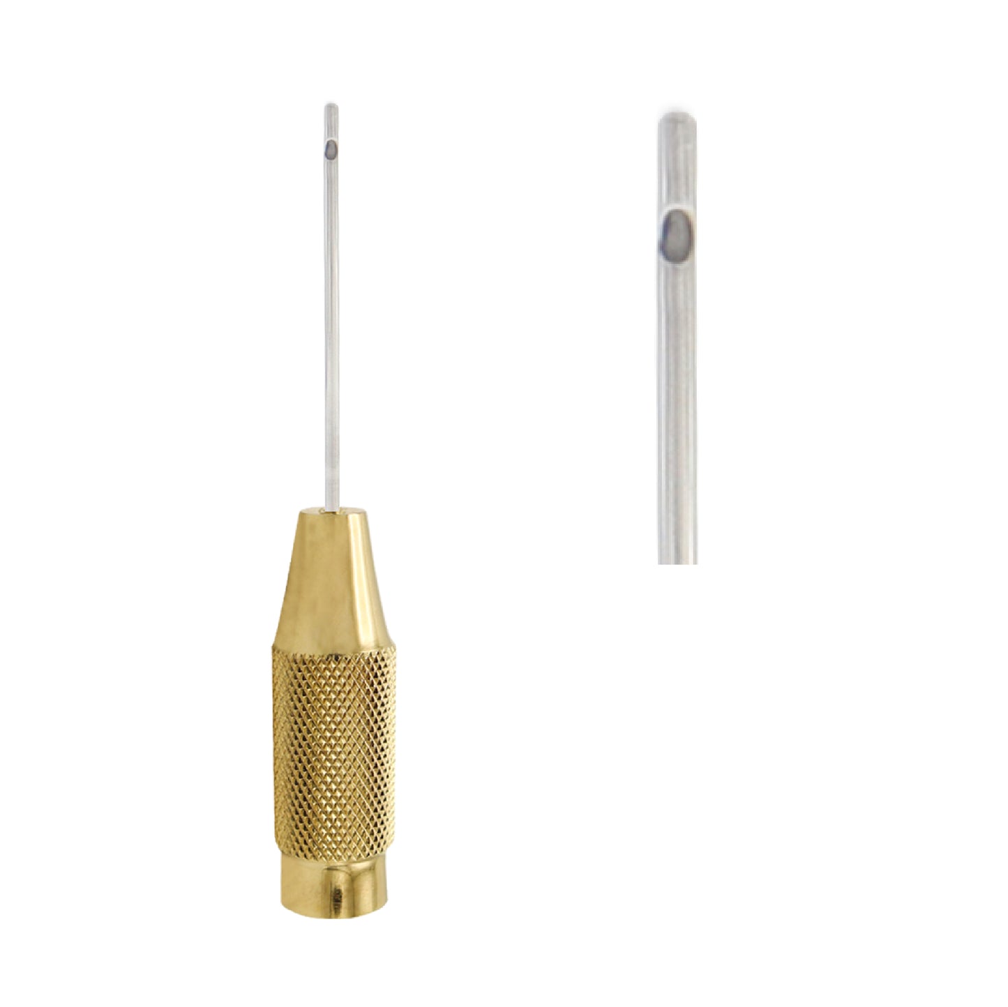 A gold-colored liposuction cannula with a central hole, alongside a separate handle.