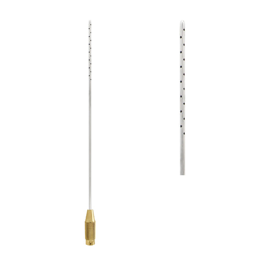 A liposuction cannula with 30 holes, featuring a stainless steel construction with a luer lock tip.